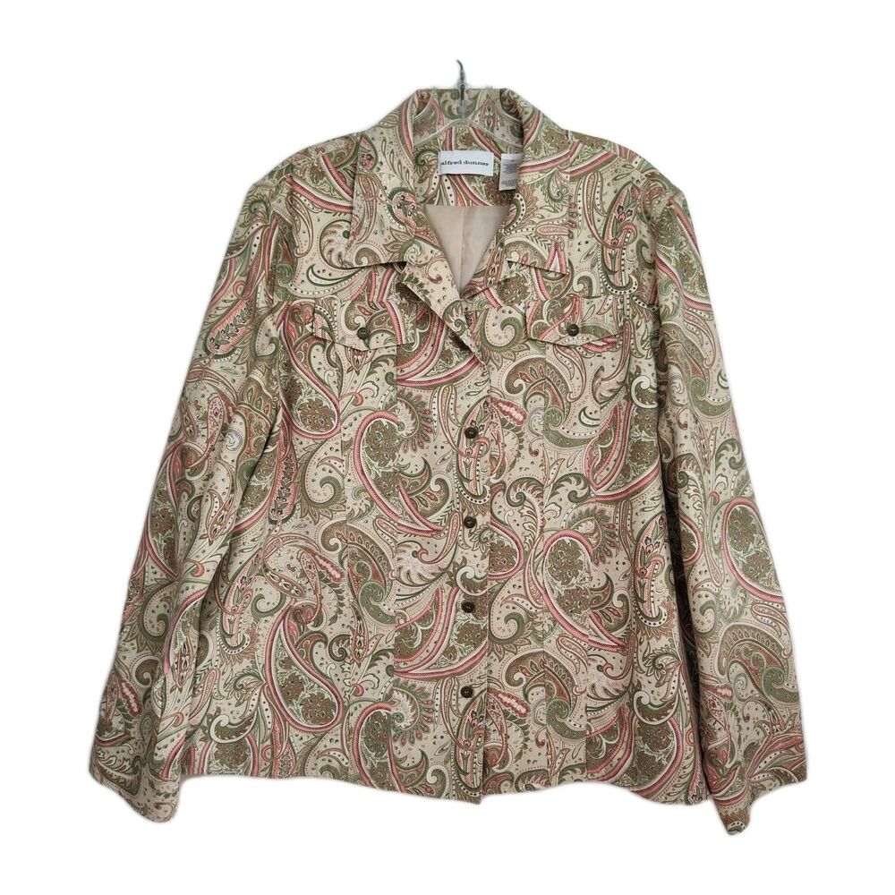 Alfred Dunner Button-Up Jacket‎ Women's 16 Paisley Tan/Pink Pockets Long Sleeves